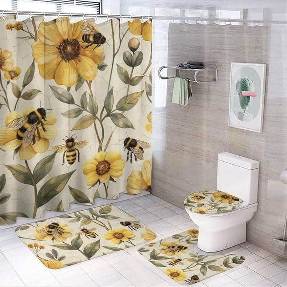 4Pcs Bee Honeycomb Shower Curtain Set, Non-Slip Rug Toilet Lid Cover Bath Mat, Retro Rustic Floral Leaf Plants Bathroom Shower Decor Set Accessory, 72" x 72"