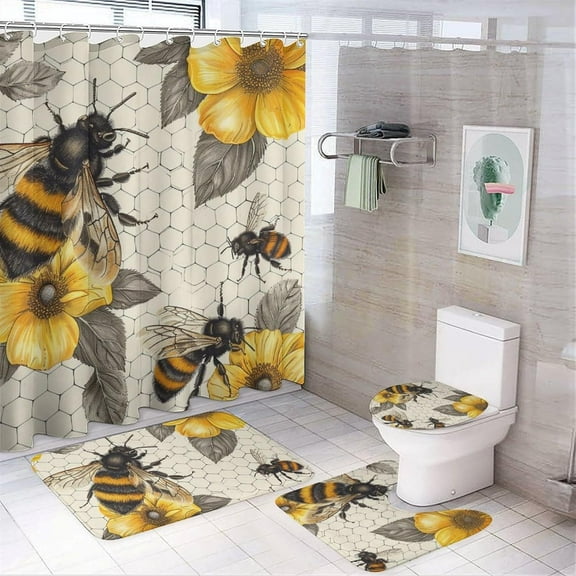 4Pcs Bee Honeycomb Shower Curtain Set, Non-Slip Rug Toilet Lid Cover Bath Mat, Retro Rustic Floral Leaf Plants Bathroom Shower Decor Set Accessory, 72" x 72"