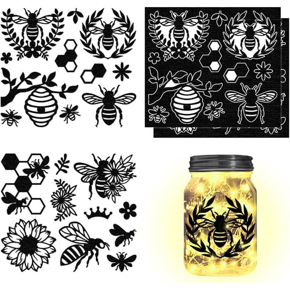4Pcs Bee Silhouettes Laser Cutouts Decals Flower Mason Jar Cutouts Ornaments Silhouettes Cutouts Scrapbook for Jars Wall Painting Scrapbook Windows Glass Decor