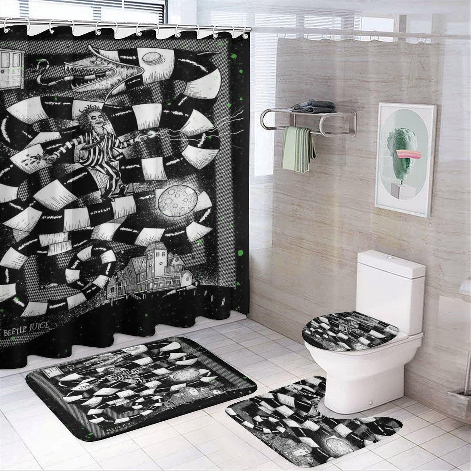4Pcs Beetlejuice Shower Curtain Sets for Bathroom Cartoon Shower Curtain Non-Slip Bathroom Rugs Lid Toilet Cover Bath Mat Bathroom Decor Set Accessories