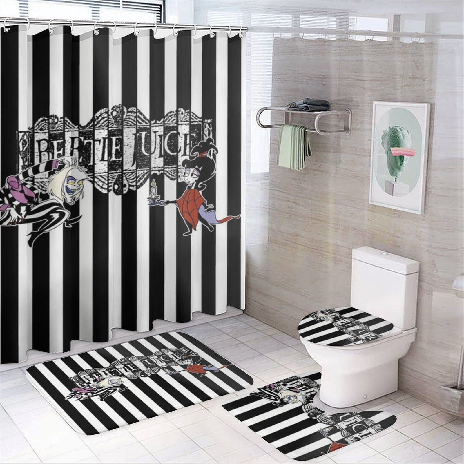 4Pcs Beetlejuice Shower Curtain Sets for Bathroom Cartoon Shower Curtain Non-Slip Bathroom Rugs Lid Toilet Cover Bath Mat Bathroom Decor Set Accessories