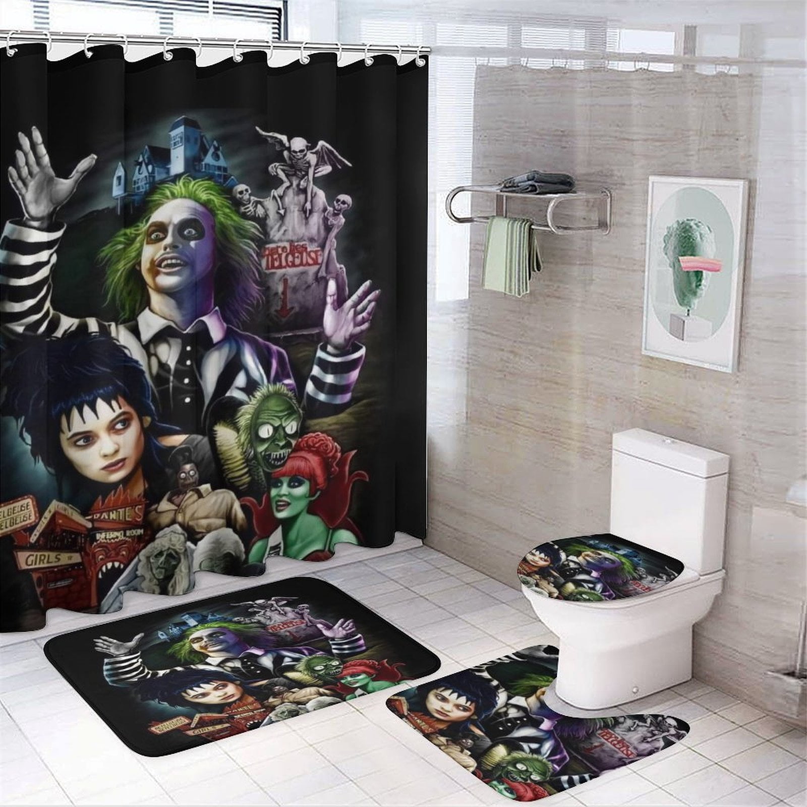 4Pcs Beetlejuice Shower Curtain Sets for Bathroom Cartoon Shower Curtain Non-Slip Bathroom Rugs Lid Toilet Cover Bath Mat Bathroom Decor Set Accessories