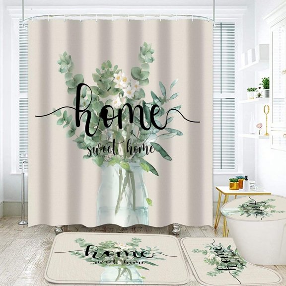 4Pcs Beige Shower Curtain Set Home Sweet Home Bathroom Curtain Set with Rugs Floral Bathroom Set Green Leaves Bathroom Decor with Mat U Shape and Toilet Lid Cover Mat