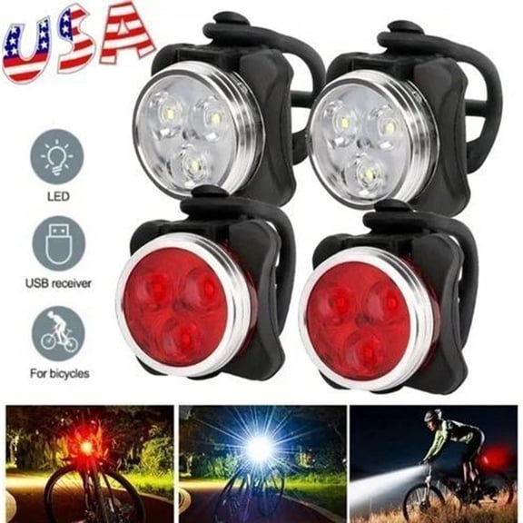 4Pcs Bicycle Lights Mountain Bike Headlight and Taillight, Waterproof Super Bike Lights, USB Rechargeable, for Night Riding, 5 Light Mode Options