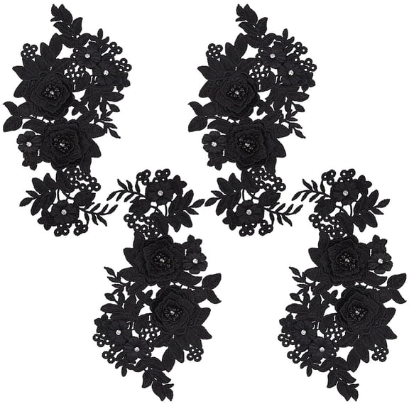 4Pcs Black 3D Rose Flower Lace Patches Appliques Rhinestones Beaded Floral Embroidered Sew On Patches Embellishment Fabric Trimmings