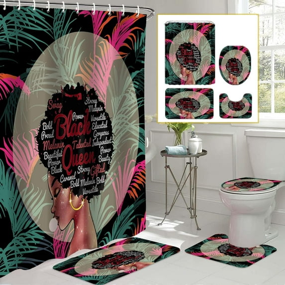 4Pcs Black African Bathroom Sets with Shower Curtain and rugs, Toilet Lid Cover, Bath Mat, Art African American King Queen Shower Curtains with Hooks, Soft Fabric Shower Curtain Set for Bath Decor