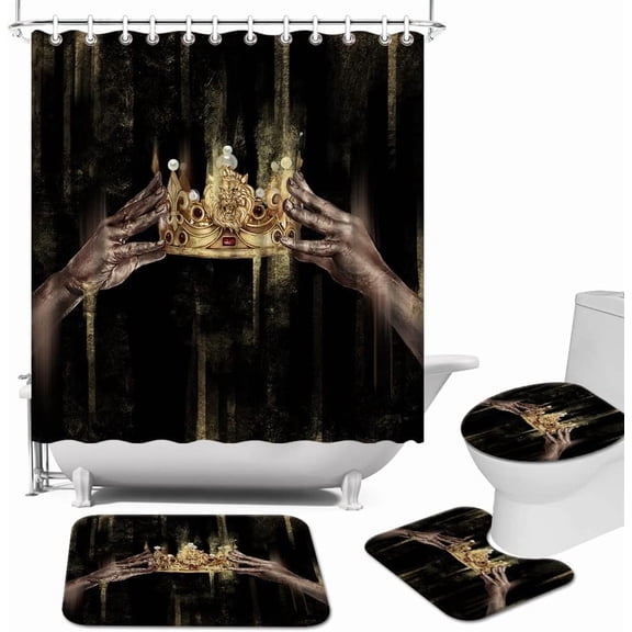 4Pcs Black African Girl Shower Curtain Set with Rugs, Golden Crown Shower Curtain Motivational Girls Bathroom Decor Set of 4 Pcs