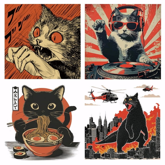 4Pcs Black Cat Heat Transfer Stickers Helicopters Ramen Cat DJ Cat Iron on Transfers Iron on Patches Stickers Washable Sticker Paper