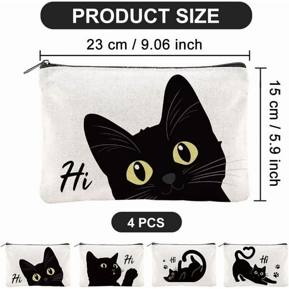 4Pcs Black Cat Makeup Bags 5.91x9.06 inch Cute Animal Canvas Cosmetic Bags with Zipper Canvas Travel Toiletry Pouches for Women Party Shopping Home Travel Accessories