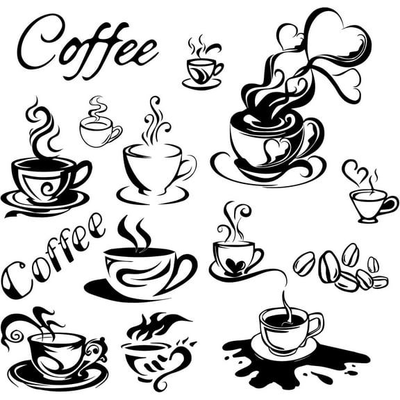 4Pcs Black Coffee Wall Decals Coffee Cup Stickers Mural Vinyl Wall Art Stickers Adhesive Coffee Wall Decor Sticker Gift for DIY Home Kitchen Classroom Living Room 11.4x8Inch
