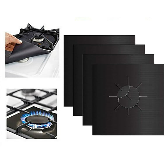 4Pcs Black Gas Stove Protectors, 10.6"x10.6" Cuttable Reusable Gas Range Protectors, Non-Stick Heat-Resistant Stove Burner Liners, Easy Clean Stovetop Liners for Kitchen Cooking, Double Thickness
