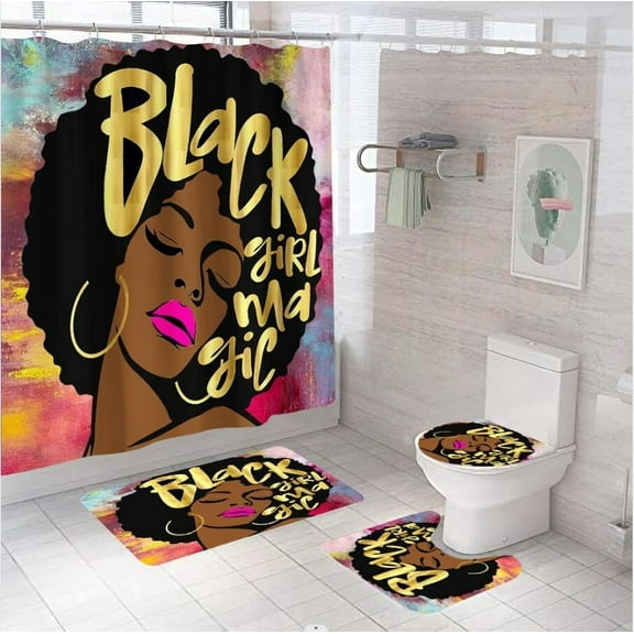 4Pcs Black Girl Shower Curtain Sets with Non Slip Rugs, Toilet Cover and Bath Mat for Bathroom, Black Girl Wearing Earrings African American Girl Waterproof Shower Curtain with 12 Hooks