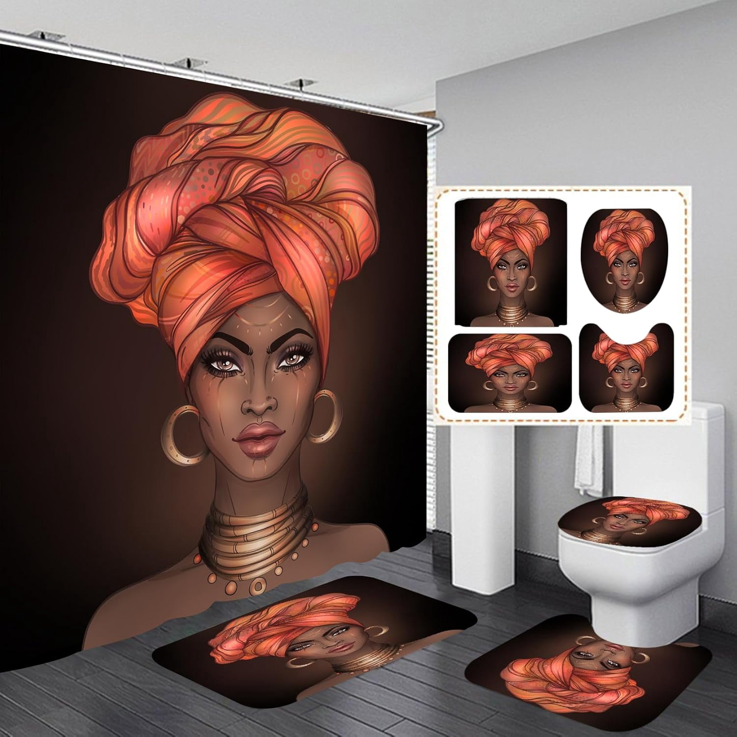 4Pcs Black Girl Shower Curtain Sets with Non Slip Rugs, Toilet Cover ...