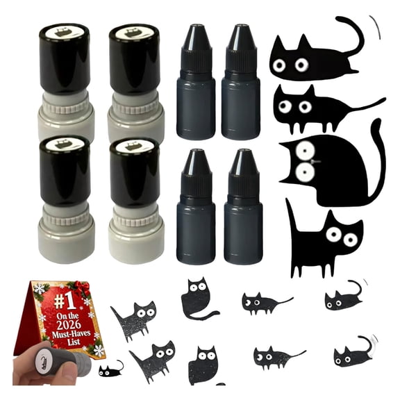 4Pcs Black Kitten Stamp Photosensitive Stamper with Refill Inks For Journal Planner Scrapbooking Card Making