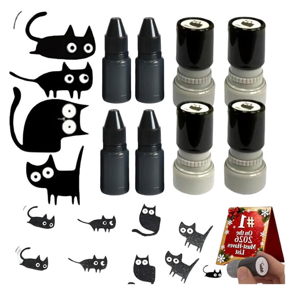 4Pcs Black Kitten Themed Stamp with Refill Inks Motivational Stamper For Card Making Journal Planner Diaries