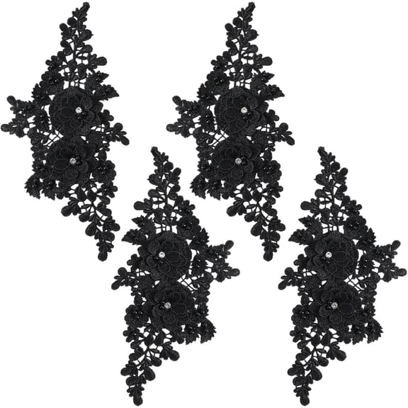 4Pcs Black Lace Bead Flower Applique 3D Floral Rhinestone Beaded Appliques Embroidery Polyester Crystal Pearl Sew on Patches 2Pair