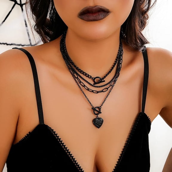 4Pcs Black Layered Necklaces Trendy Retro Coin Pendant Necklace Dainty Chunky Link Chain Choker Necklaces Multilayer Adjustable Layering Chain Necklaces Set For Women Jewelry[o860]
