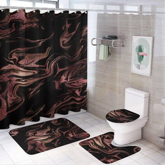 4Pcs Black Marble Rose Gold Glitter Texture Shower Curtain Sets, Bathroom Set Decor with Non-Slip Bath Mat, Toilet Lid Rug and Contour Mat, 72 x 72inch