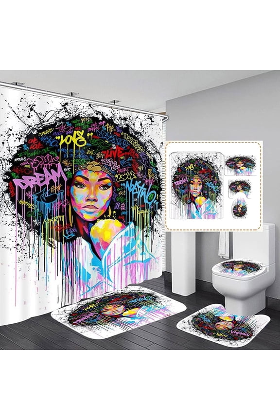 Black Praying Girl Shower Curtain Sets 4-Piece Bohemian Waterproof Polyester 72x72 Inch, Cultural Motif with Non-Slip Bath Mat & Toilet Cover, Includes 12 Hooks