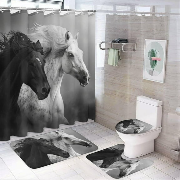 4Pcs Black White Horse Shower Curtain Set with Rugs, Toilet Lid Cover and Bath Mat, Farmhouse Animal Wildlife Bathroom Curtains Decor Shower Curtains, 72" x 72"