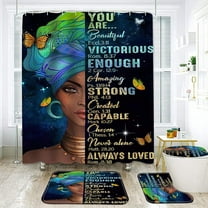 African Inspired Shower Curtain Sets 4-Piece Waterproof Polyester 72x72 Inch, Black Women Queen Women Crown with Non-Slip Bath Mat & Toilet Cover, Bathroom Decor Includes 12 Hooks