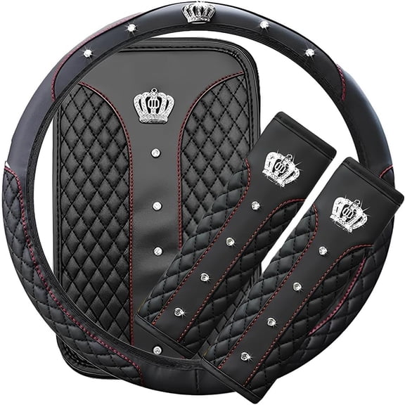 4Pcs Bling Car Accessories Diamond Crown Set Full Crystal Universal Fit Steering Wheel Cover Shoulder Pad Armrest Pad for Car Interior Accessories (Black)