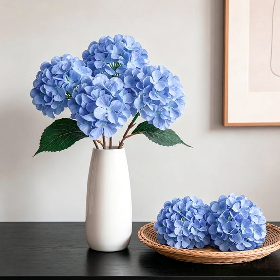 4Pcs Blue Artificial Flowers, Hydrangea Fake Flowers Faux Plants for Summer Indoor Outdoor Home Table Garden Decoration