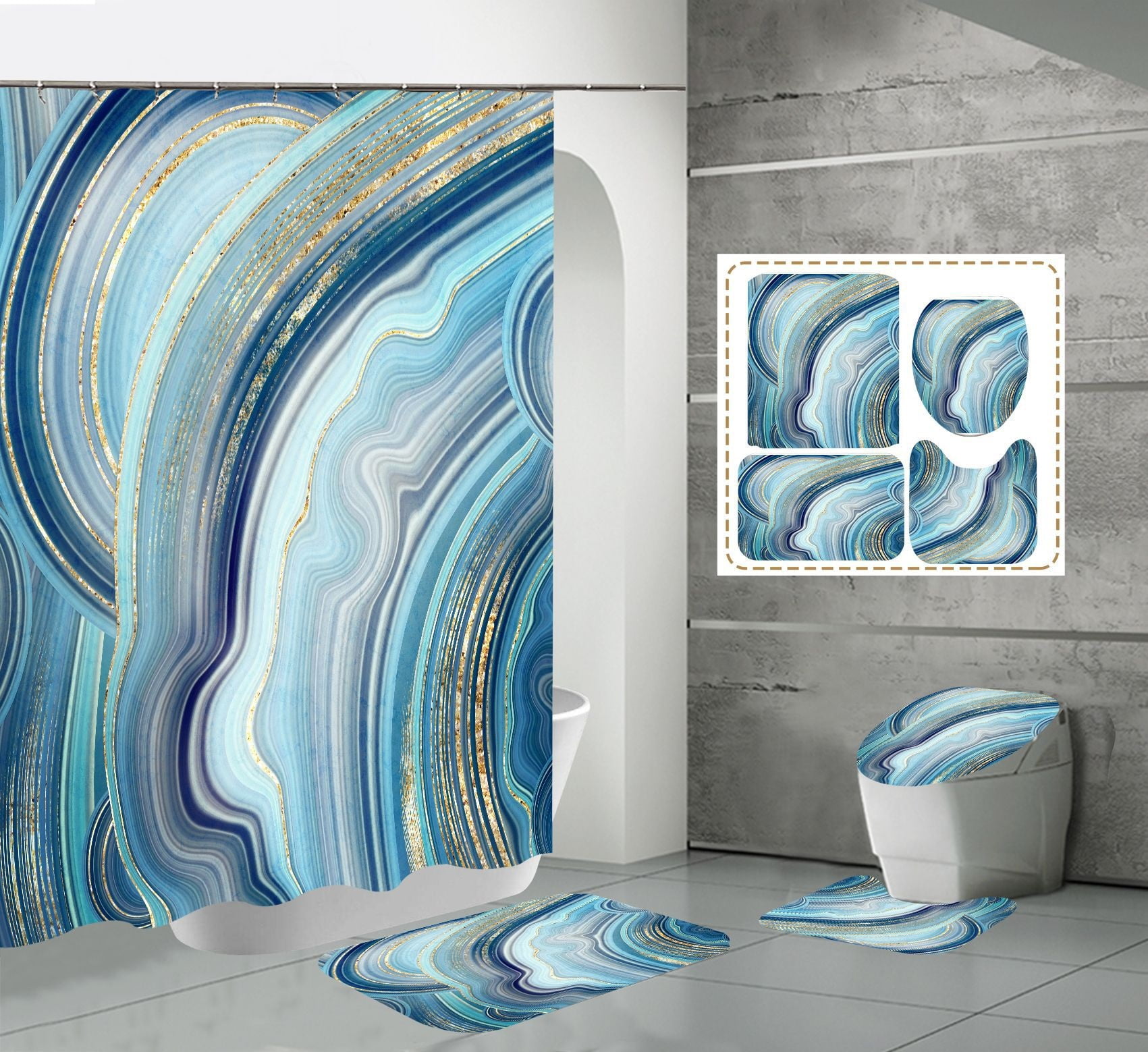 4Pcs Blue Bathroom Set Geometric Shower Curtain Set Modern Art Navy ...