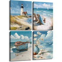 4Pcs Blue Coastal Wall Art Ocean Bathroom Wall Decor Pictures Lighthouse Boat Chair Flower Canvas Poster Prints for Bedroom Bathroom Home Office Decoration Unframed