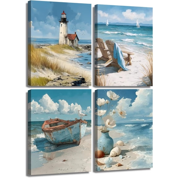 4Pcs Blue Coastal Wall Art Ocean Bathroom Wall Decor Pictures Lighthouse Boat Chair Flower Canvas Poster Prints for Bedroom Bathroom Home Office Decoration Unframed