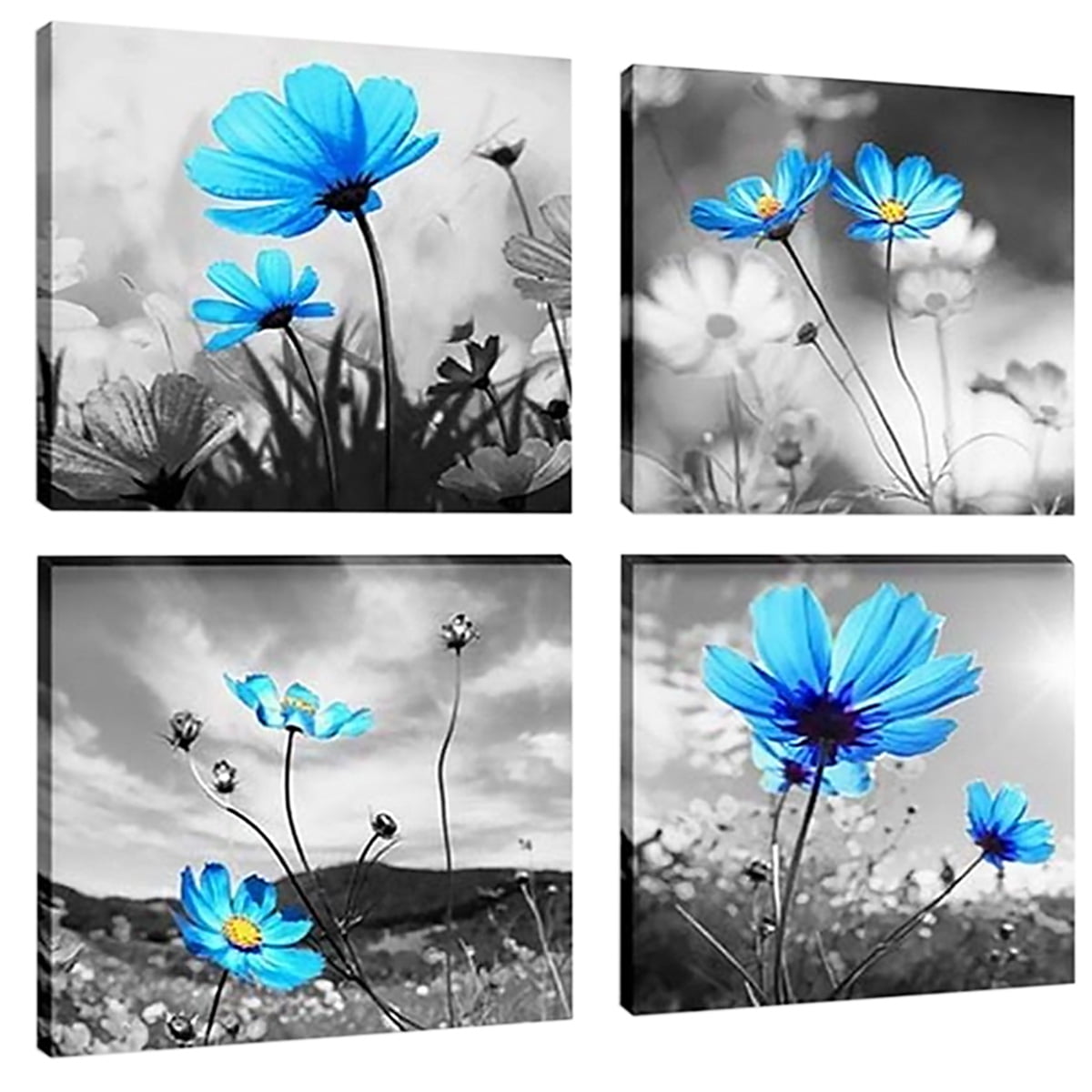 Modern 4Pcs Blue Daisy Waterproof Canvas Art Paintings for Elegant