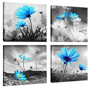 4Pcs Blue Daisy Flower Painting Canvas Modern Theme Wall Art Waterproof Artwork Painting Abstract Black and White Canvas Print Decor for Living Room Bedroom Bathroom Gifts