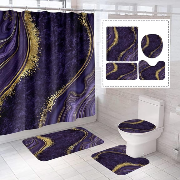 4Pcs Blue Flash Shower Curtain Sets with Non-Slip Rugs, Toilet Lid Cover and Bath Mat, Glitter Marble Bathroom Decor Set Accessories Waterproof Shower Curtains with 12 Hooks, 72 x 72 Inch