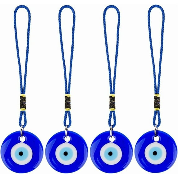 4Pcs Blue Glass Car Pendant Hanging Ornament with Rope Rear View Mirror Beaded Decoration Lucky Charms Protection Accessories Gift for Men Women Window Door Wall Frame Balcony