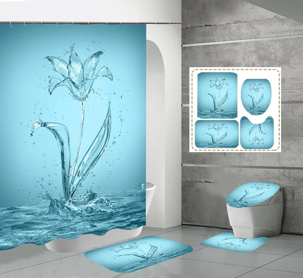 4Pcs Blue Rose Bathroom Decor Sets Shower Curtain Rug Waterproof Flower ...