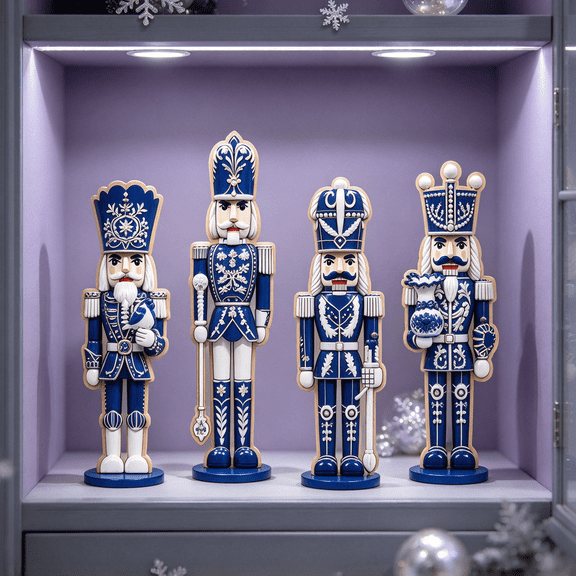 4Pcs Blue White Patterned Nutcracker Soldier Set Bird Vase Detail Round Wooden Base for Secret Santa Gift and Housewarming Party