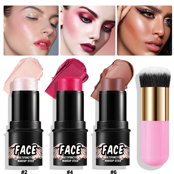 4Pcs Blush Highlighter Contour Stick Makeup Kit with Brush Waterproof Long-Lasting for Women Face(#2,#4,#6)
