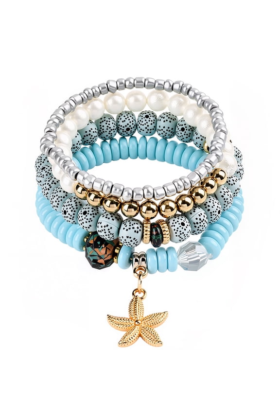 4Pcs Boho Beaded Bracelet Sets Summer Stackable Bracelets Gold Starfish Stretch Pendant Blue Moonstone Stack Beads Charms Jewelry Decorations for Summer Beach Party Supplies Women DIY