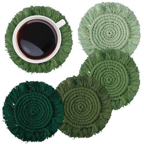4Pcs Boho Macrame Coasters Green Handmade Woven Drink Coasters Farmhouse Rustic Cup Mat Pad for Home Kitchen Office Table Desk Housewarming Gift Party Table Decor