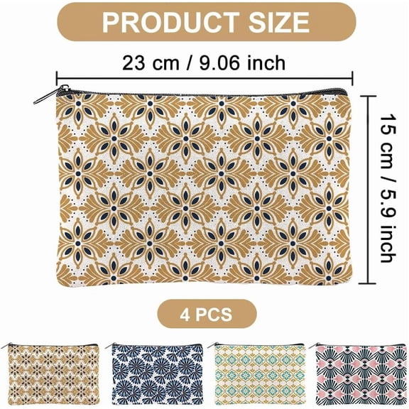 4Pcs Boho Makeup Bags 5.91x9.06 inch Floral Canvas Cosmetic Bags with Zipper Canvas Travel Toiletry Pouches for Women Party Shopping Home Accessories(Orange Blue Green Gold)