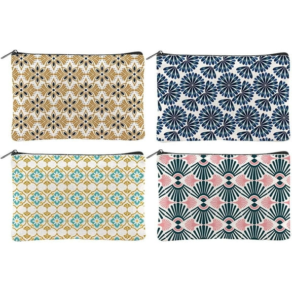 4Pcs Boho Makeup Bags 5.91x9.06 inch Floral Canvas Cosmetic Bags with Zipper Canvas Travel Toiletry Pouches