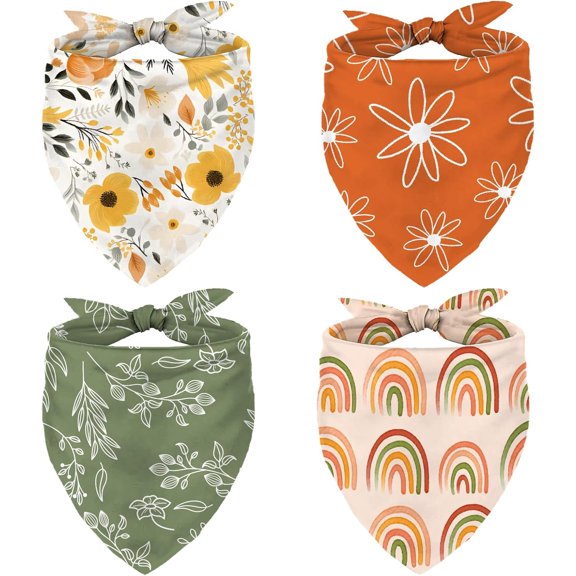 4Pcs Boho Pet Bandanas Spring Daisy Dog Scarf Washable Adjustable Triangle Dog Bibs Puppy Neckerchief for Cat Pet Birthday Costume Accessories