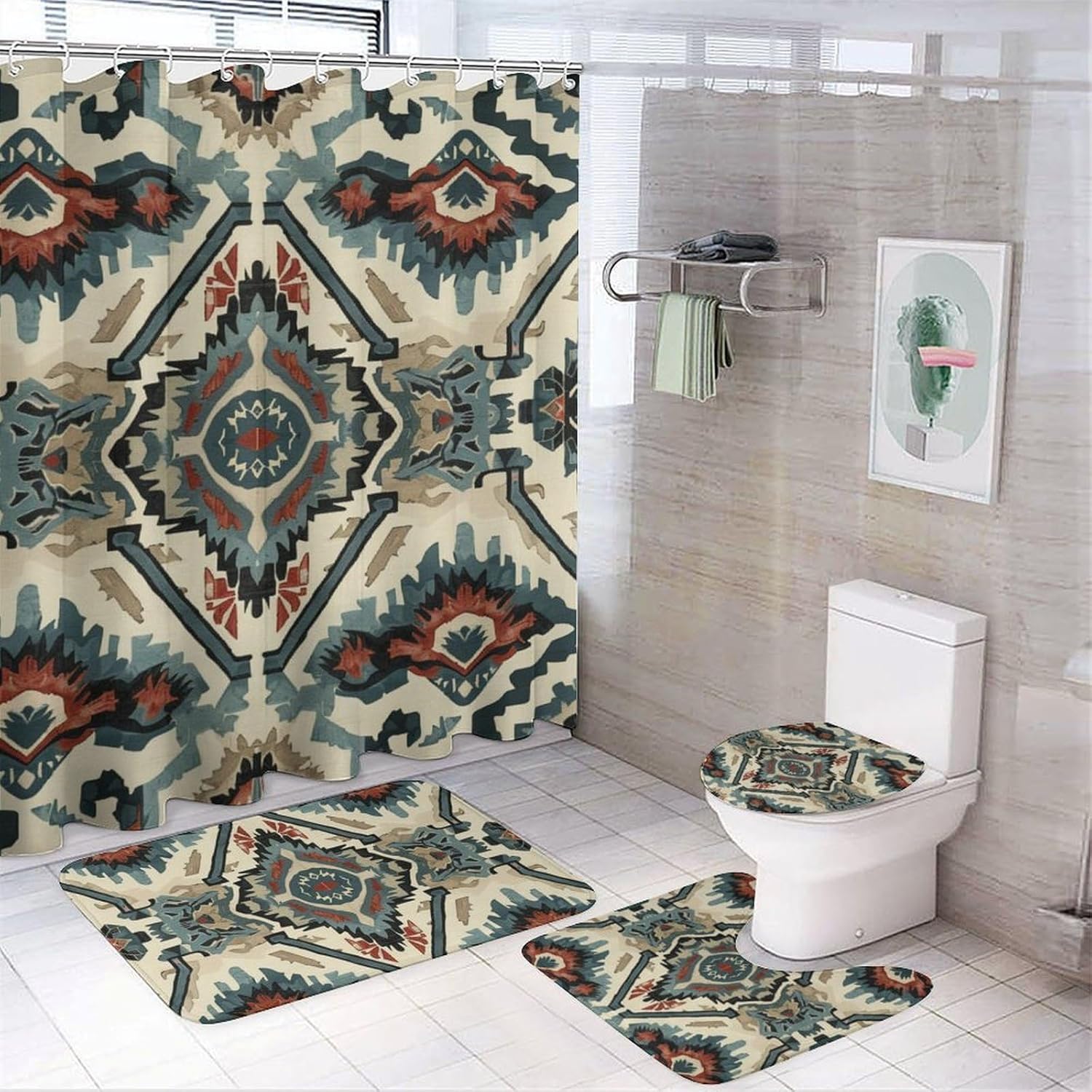 4Pcs Boho Simple Minimalist Shower Curtain Sets with Rugs, Toilet Lid