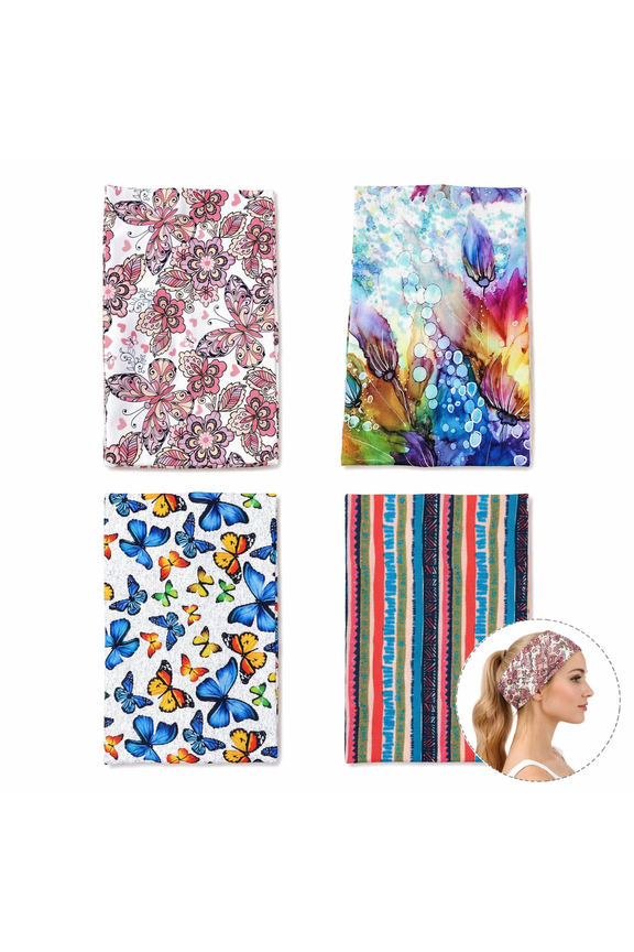 Boho Bandeau Headbands, Pack of 4 Wide Knot Hair Scarf Floral Printed Turban Head Wrap, Thick Stretch Cotton Hair Bands for Women, Yoga Workout Makeup Daily Wear & Beach Travel (Boho)