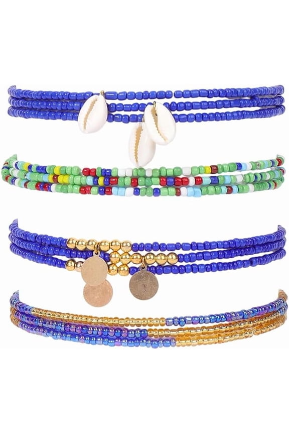 4Pcs Boho Waist Beads Adjustable Slim Chain Belts Seed Beaded Belly Chain Plastic Bikini Body Jewelry for Women Fashion Dresses Summer Beach Blue 820mm