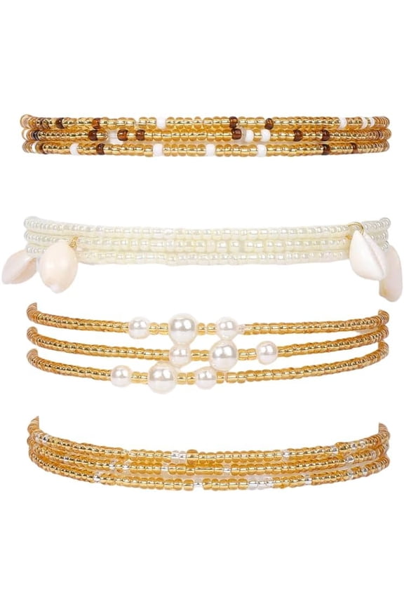 4Pcs Boho Waist Beads Adjustable Slim Chain Belts Seed Beaded Belly Chain Plastic Bikini Body Jewelry for Women Fashion Dresses Summer Beach Goldenrod 820mm 1set