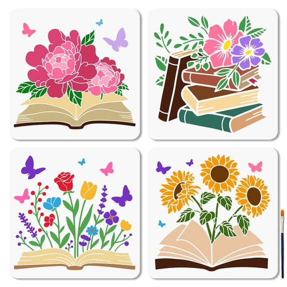 4Pcs Book Flower Stencils Reusable Butterfly Plant Painting Stencil 11.8x11.8 Inch Peony Rose Drawing Templates with Paint Brush