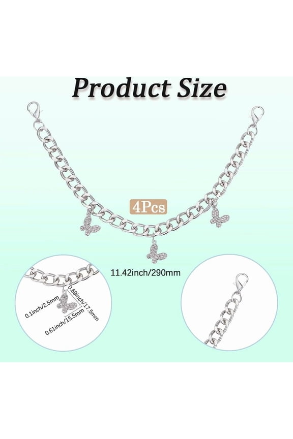 4Pcs Boot Strap Chains Shoe Charms Single Chains with Rhinestone Butterfly Lobster Clasps for Women Men Sneakers Casual Shoes Sandals Bags Keychains Belt Pocket Decoration Accessories