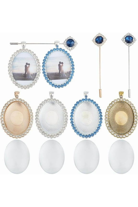 4Pcs Bouquet Photo Charm Wedding Bouquet Memorial Photo Charms Oval Gold Silver Memory Pendant with 2 Brooch Pins Rhinestone DIY Picture Frame Charms