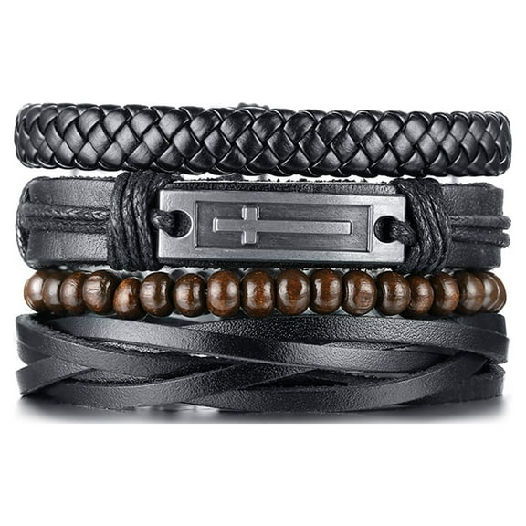 4Pcs Braided Pu Leather Jesus Bracelets Set for Men Cross Cuff Bracelet Adjustable Black